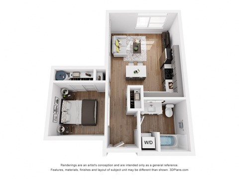 a stylized floor plan with a bedroom and a living room